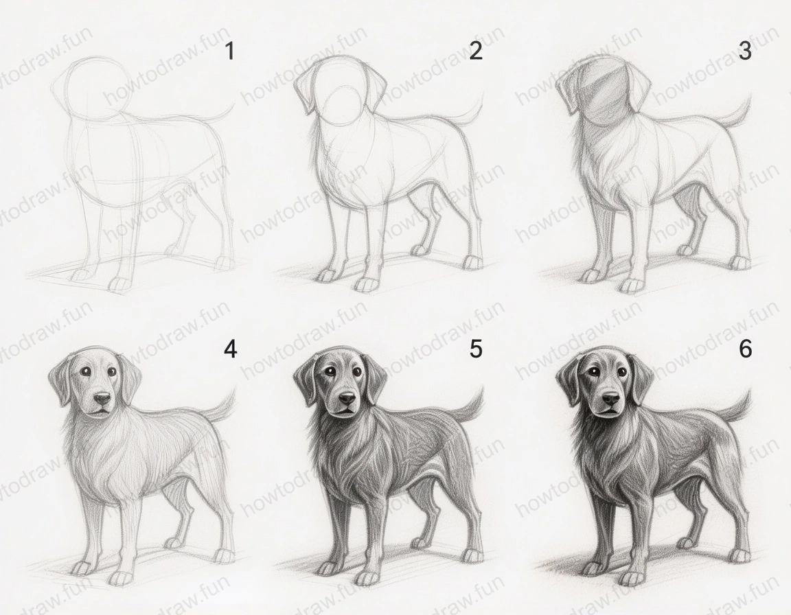 Completed drawing of a realistic dog in a standing position.